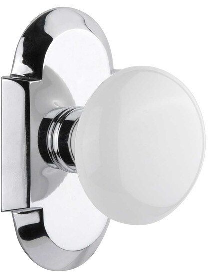 Arched Rosette Door Set with White Porcelain Knobs in Polished Chrome.